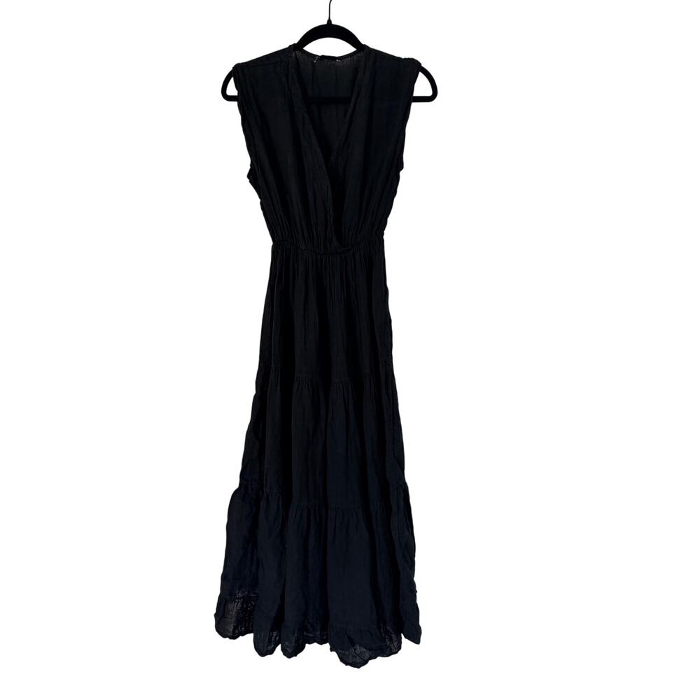 Meo Meli Black Linen Maxi Dress - Wrap Front, Pleated Skirt